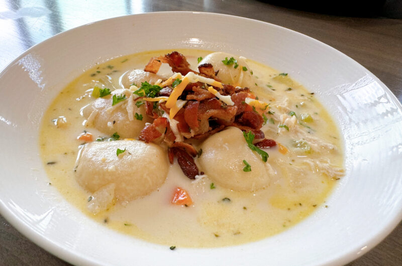 Creamy Pierogi Chicken Soup with Rosemary Bacon